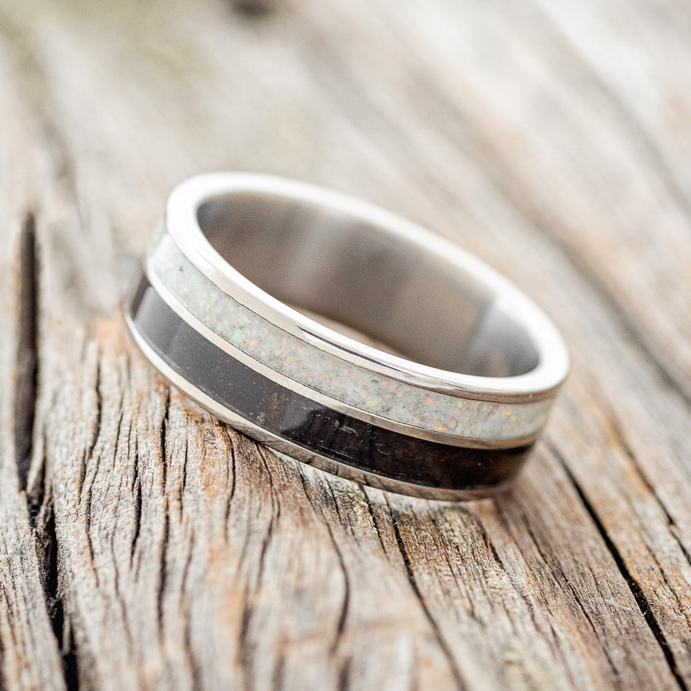 "DYAD" - FIRE AND ICE OPAL & JET STONE WEDDING BAND-2