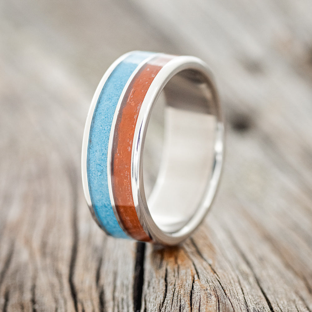 "DYAD" - MATCHING SET OF RED JASPER & TURQUOISE WEDDING BANDS-2