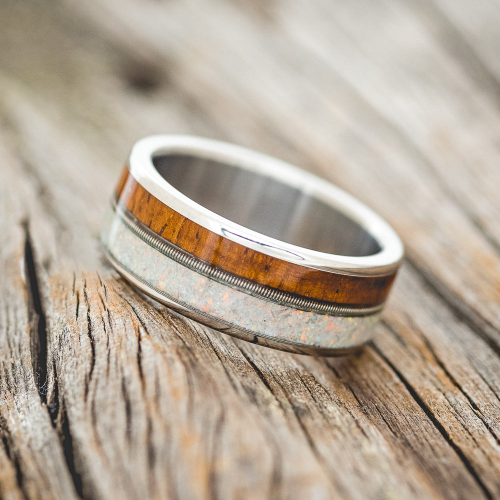 "RAINIER" - FIRE AND ICE OPAL, GUITAR STRING & REDWOOD WEDDING BAND-2
