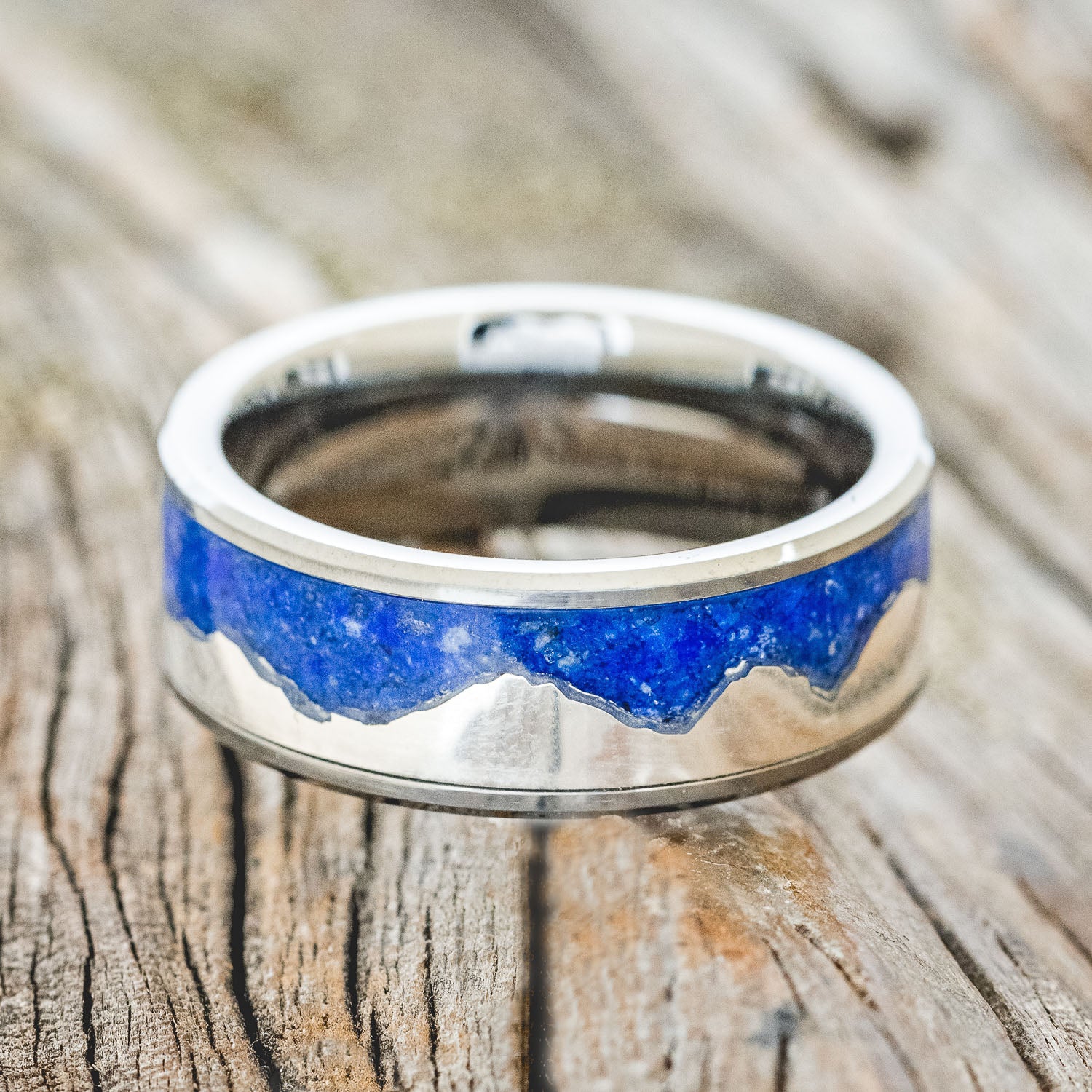 "HELIOS" - LAPIS LAZULI WITH SILVER MOUNTAIN RANGE WEDDING BAND-6