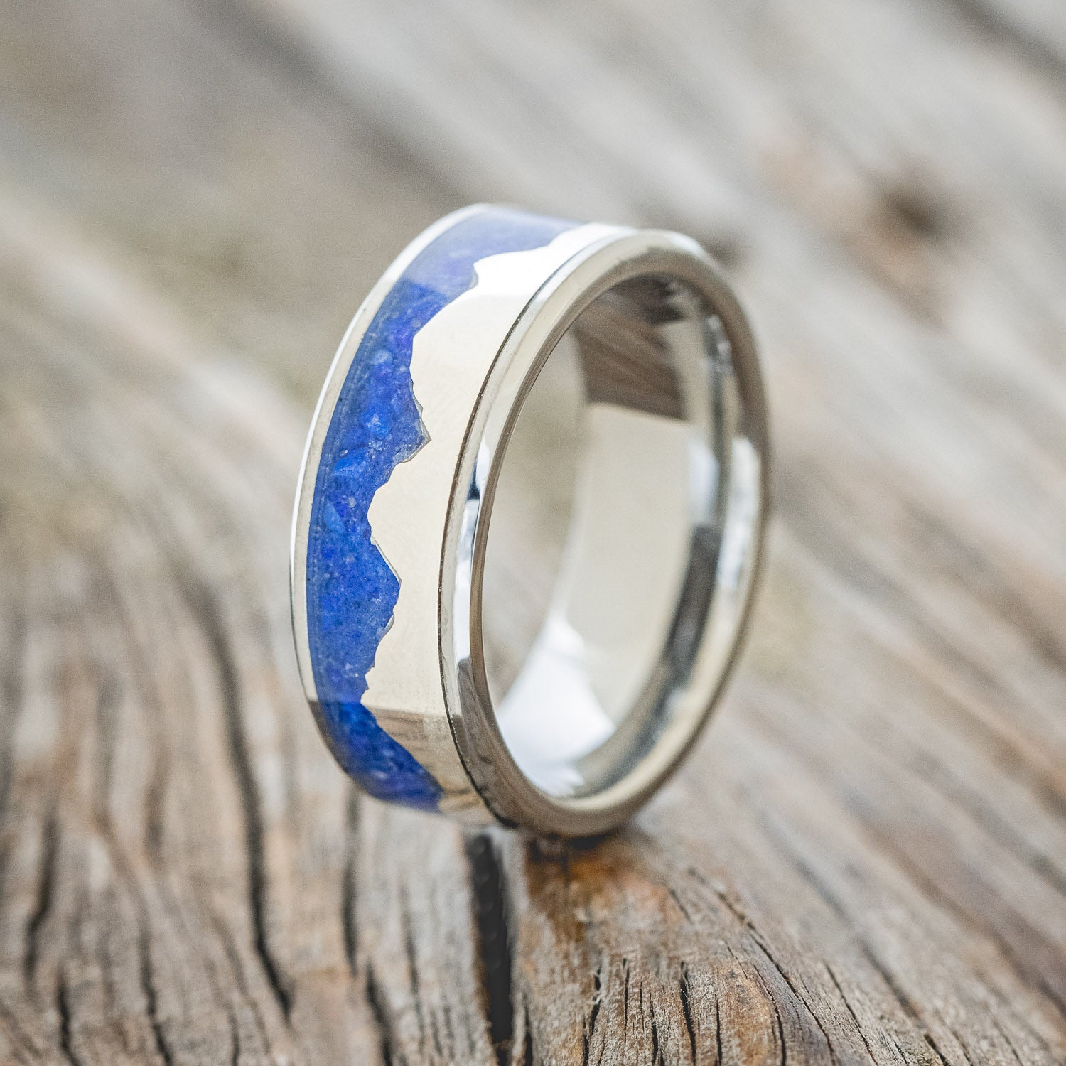 "HELIOS" - LAPIS LAZULI WITH SILVER MOUNTAIN RANGE WEDDING BAND-4