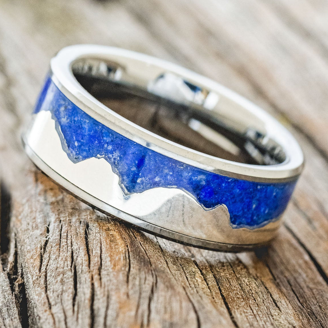 "HELIOS" - LAPIS LAZULI WITH SILVER MOUNTAIN RANGE WEDDING BAND-5