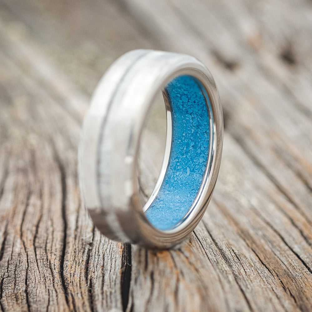 "VERTIGO" - ANTLER WEDDING RING FEATURING A HAMMERED & TURQUOISE LINED BAND - READY TO SHIP-2