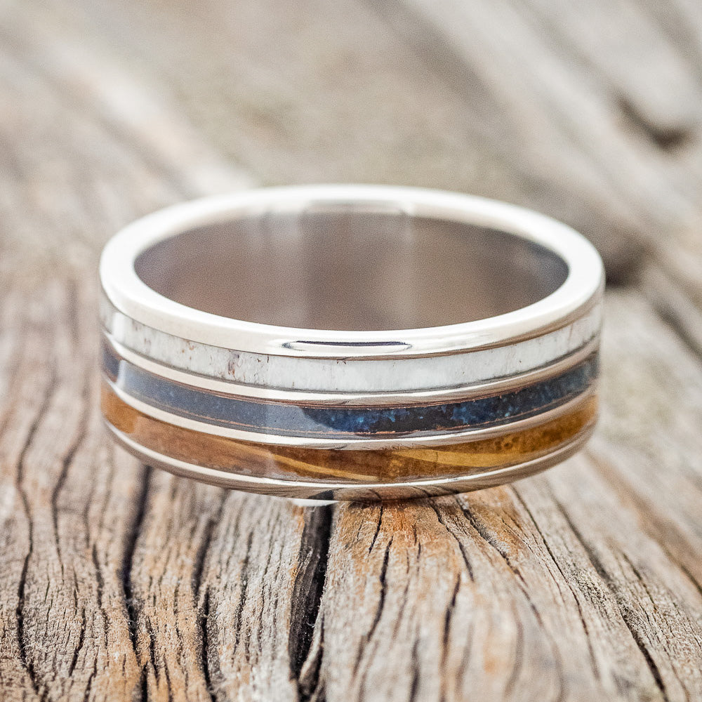 "RIO" - ANTLER, PATINA COPPER & WHISKEY BARREL OAK WEDDING BAND-3