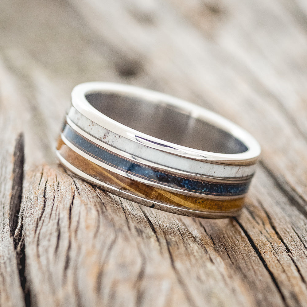 "RIO" - ANTLER, PATINA COPPER & WHISKEY BARREL OAK WEDDING BAND-2