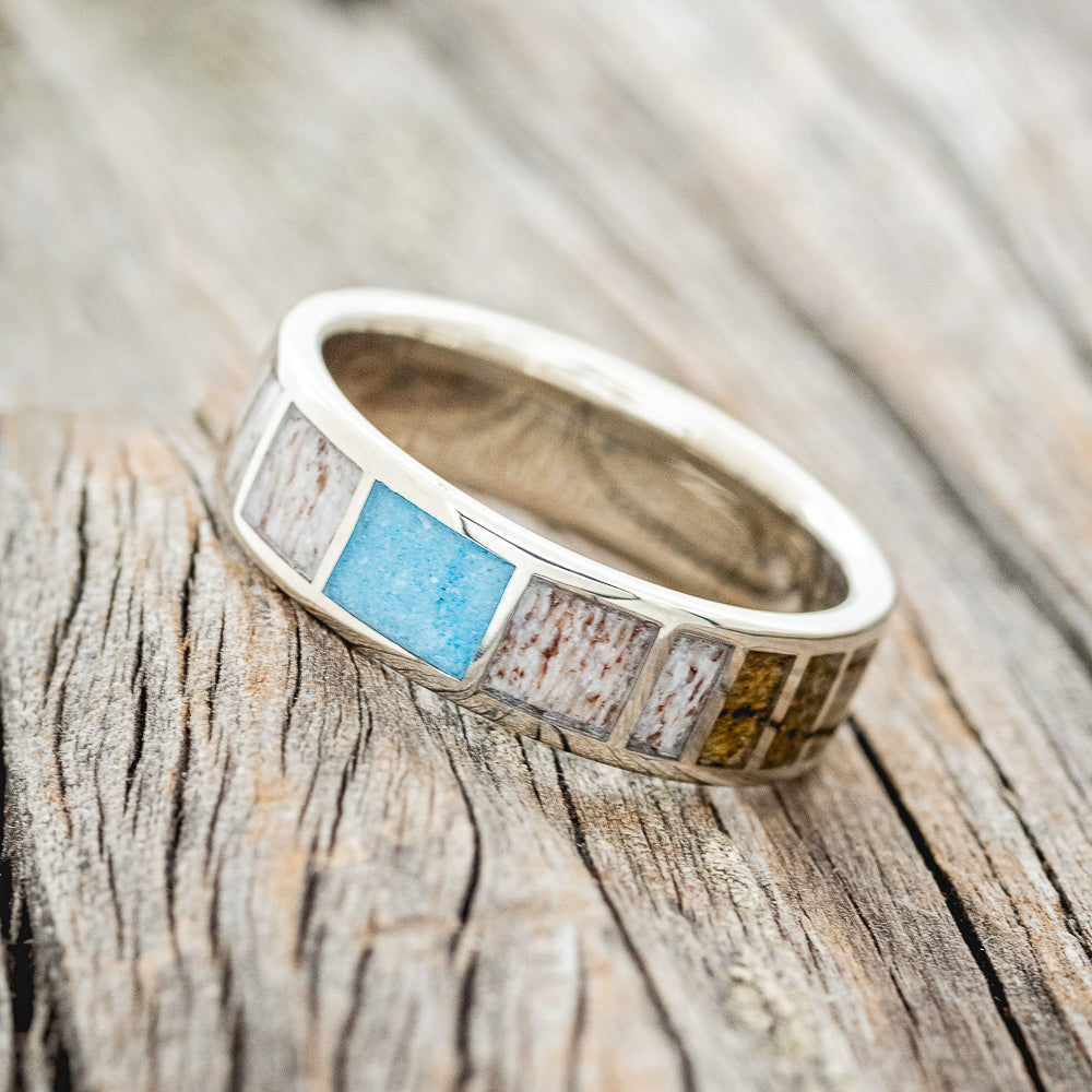 ANTLER, TURQUOISE & BUCKEYE BURL WOOD WEDDING RING FEATURING A 14K GOLD BAND-2