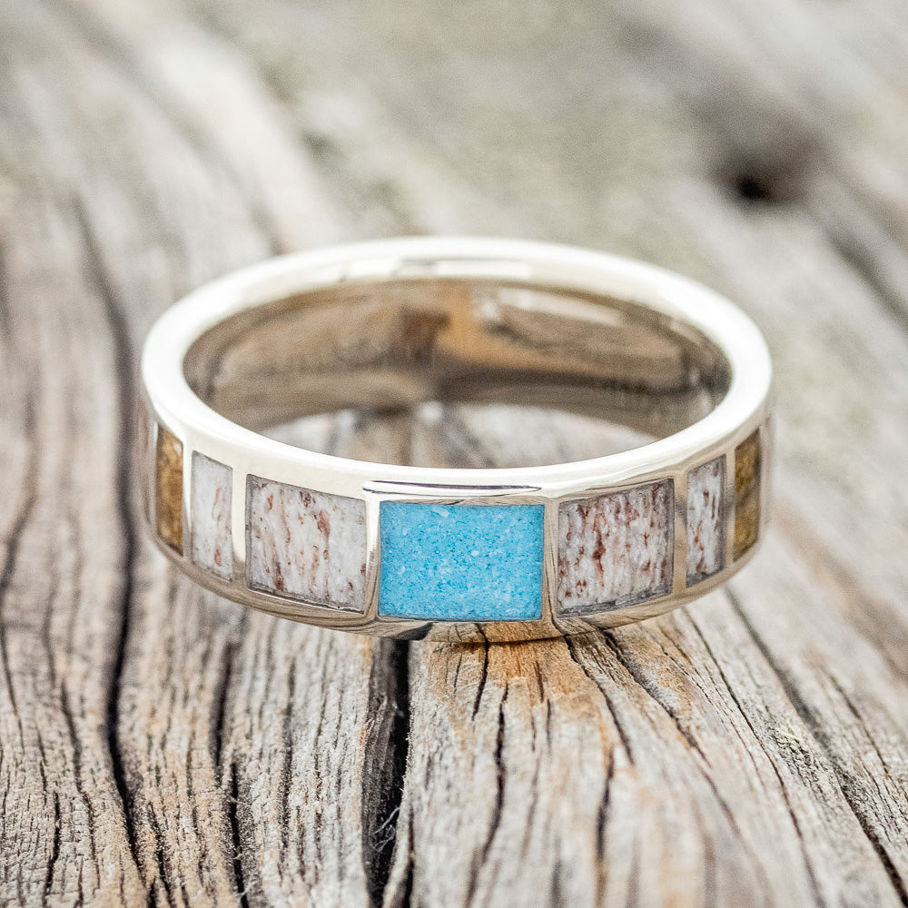 ANTLER, TURQUOISE & BUCKEYE BURL WOOD WEDDING RING FEATURING A 14K GOLD BAND-4