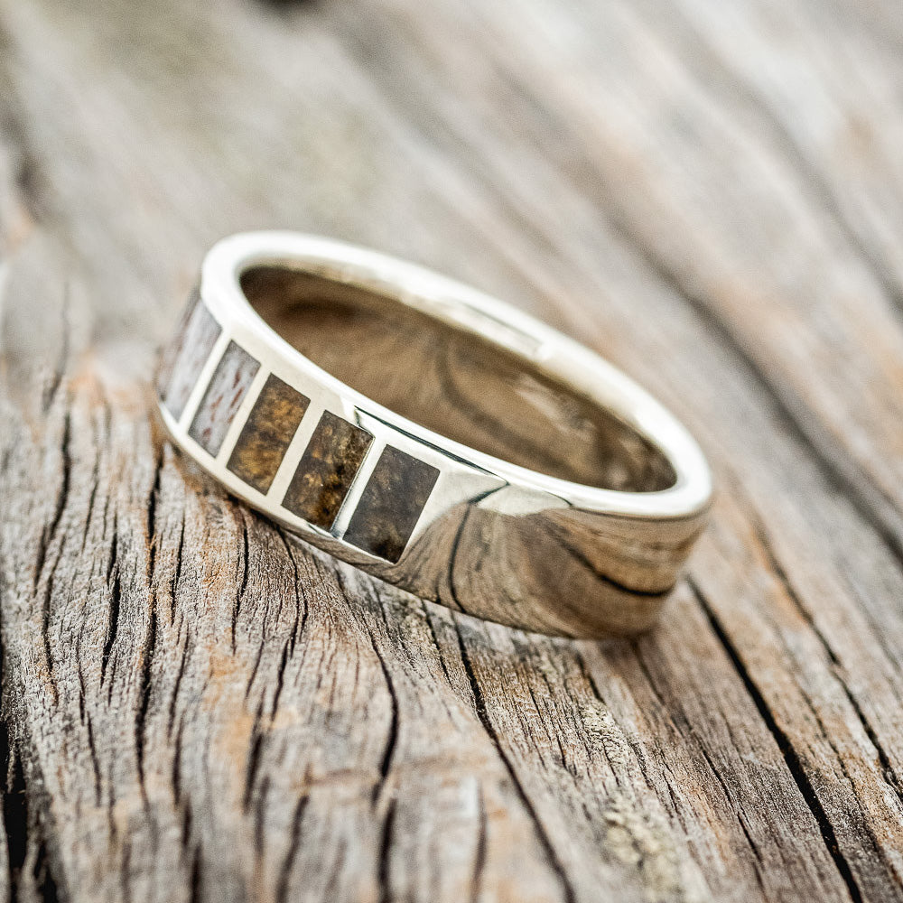 ANTLER, TURQUOISE & BUCKEYE BURL WOOD WEDDING RING FEATURING A 14K GOLD BAND-3