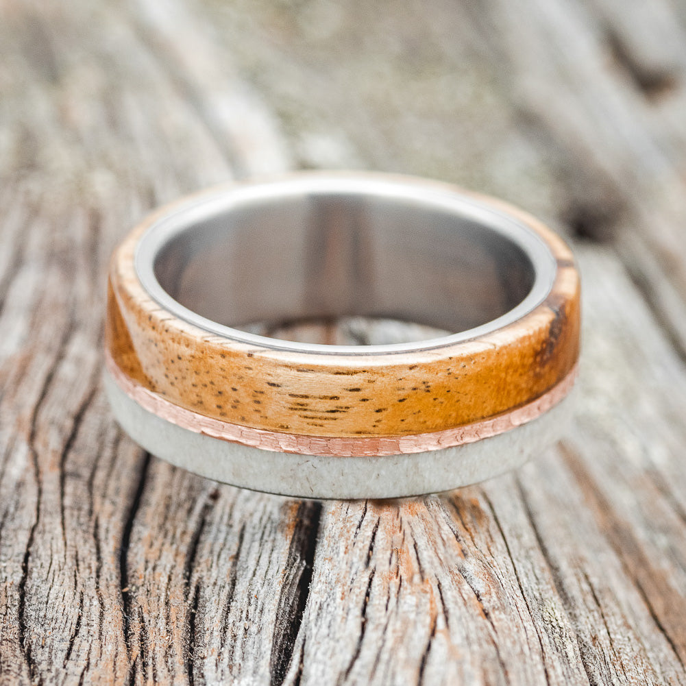 "GOLDEN" - ANTLER, SPALTED MAPLE & HAMMERED 14K GOLD INLAY WEDDING BAND-3
