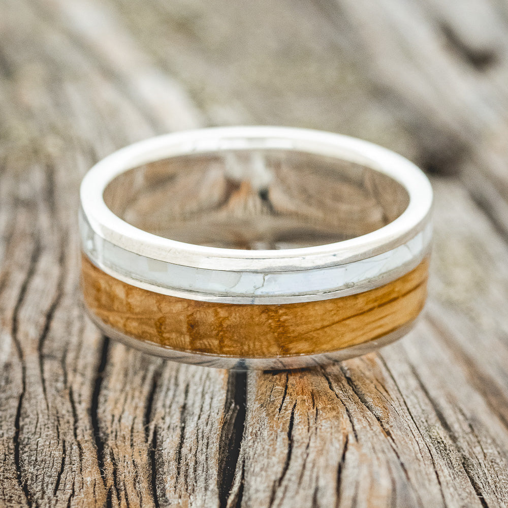 "RAPTOR" - MATCHING SET OF MOTHER OF PEARL & WHISKEY BARREL OAK WEDDING BANDS-6