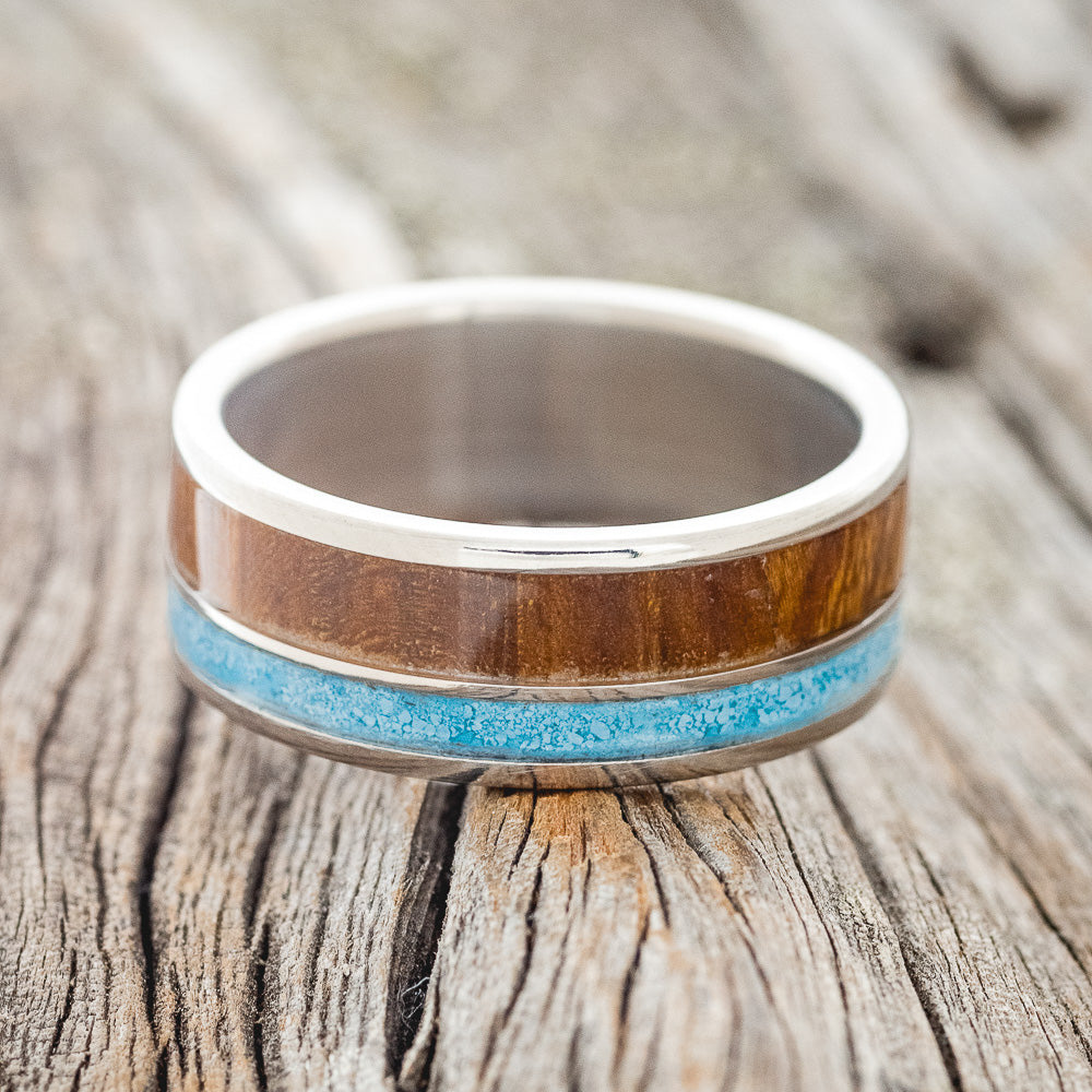 "RAPTOR" - MATCHING SET OF IRONWOOD & TURQUOISE WEDDING BANDS-3