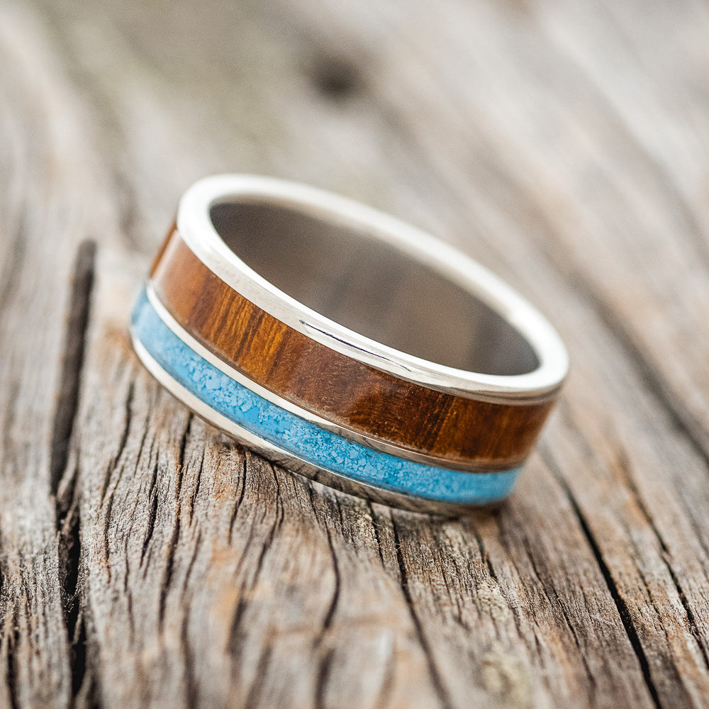"RAPTOR" - MATCHING SET OF IRONWOOD & TURQUOISE WEDDING BANDS-5