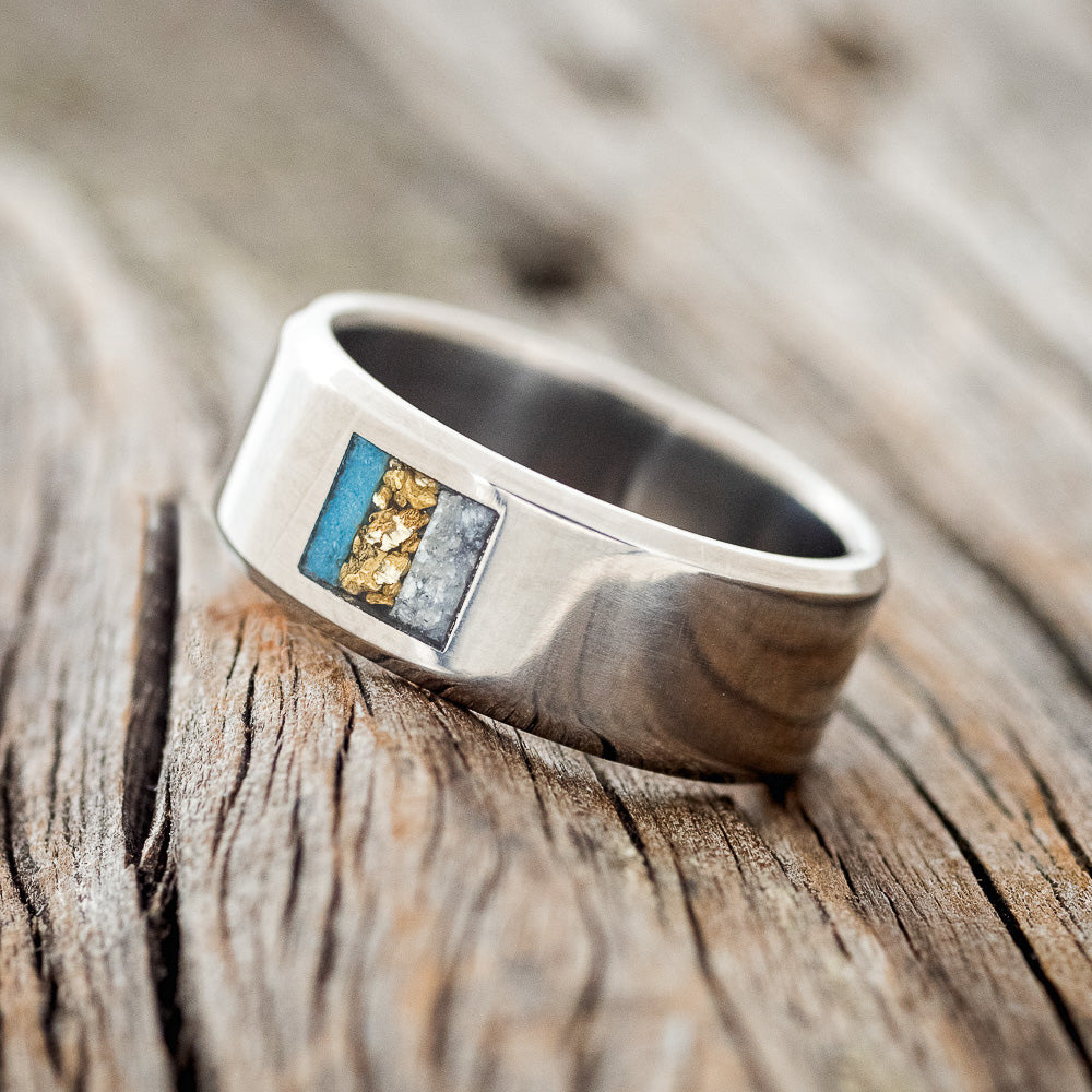 TURQUOISE, GOLD NUGGETS & DIAMOND DUST WEDDING BAND-2