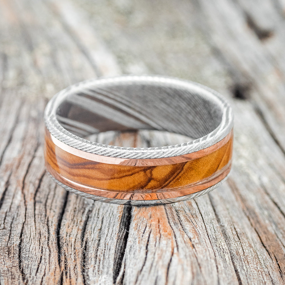 "HOLLIS" - OLIVE WOOD & 14K GOLD INLAYS WEDDING RING-3