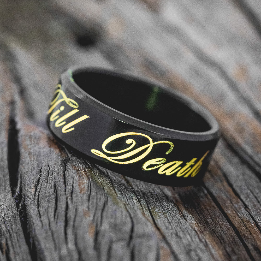 "TILL DEATH" - MATCHING SET OF ENGRAVED BLACK ZIRCONIUM WEDDING BANDS-11