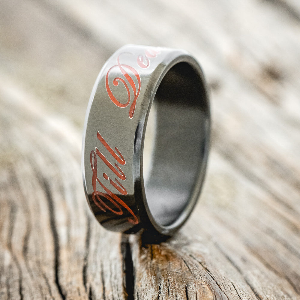 "TILL DEATH" - MATCHING SET OF ENGRAVED BLACK ZIRCONIUM WEDDING BANDS-2