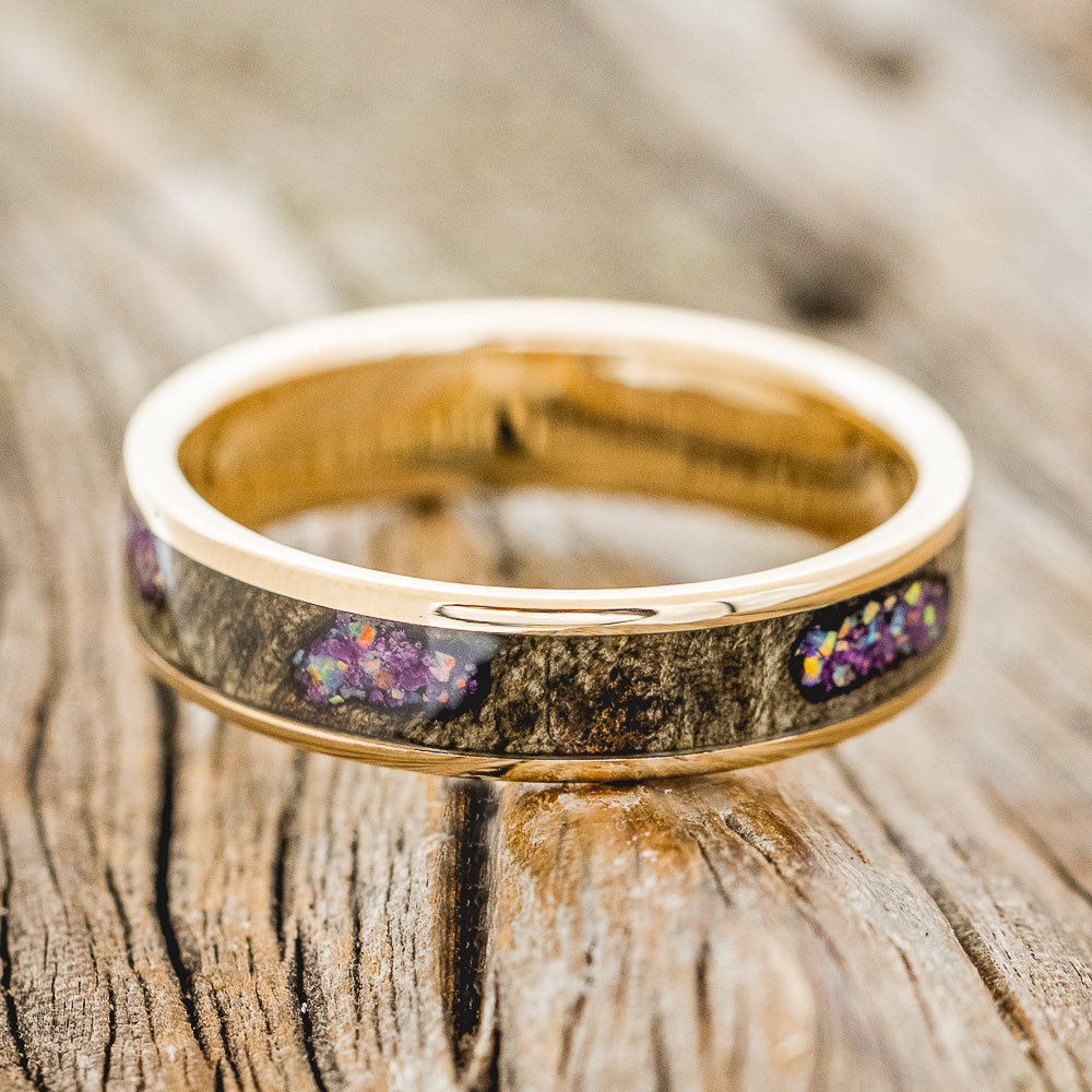 "RAINIER" - BUCKEYE BURL WOOD WITH SUGILITE & OPAL MIX WEDDING RING FEATURING A 14K GOLD BAND-6