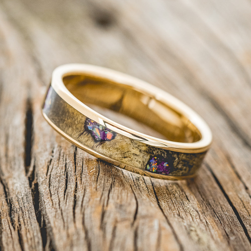 "RAINIER" - BUCKEYE BURL WOOD WITH SUGILITE & OPAL MIX WEDDING RING FEATURING A 14K GOLD BAND-5