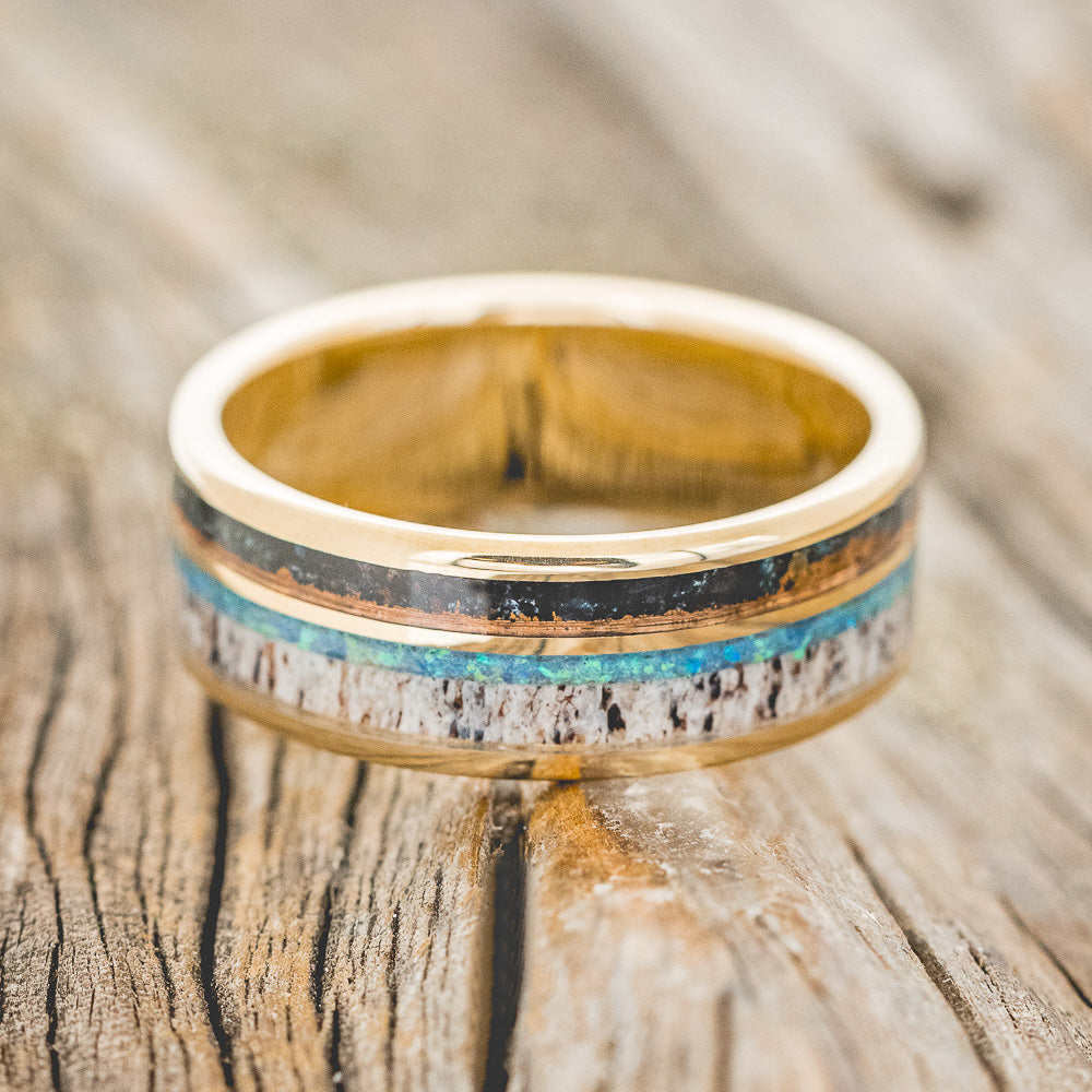 "ELEMENT" - PATINA COPPER, ANTLER & BLUE OPAL WEDDING RING FEATURING A 14K GOLD BAND-3