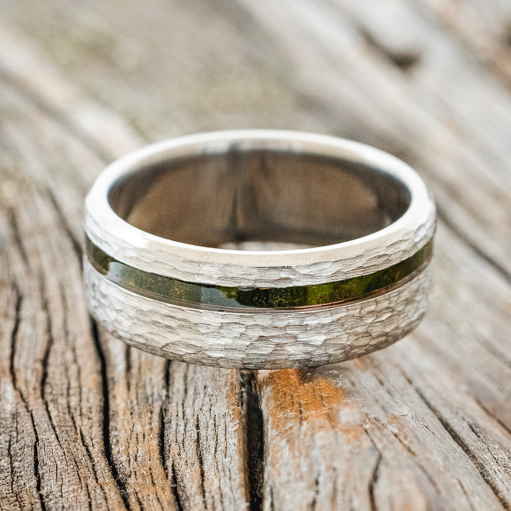 "VERTIGO" - MOSSY PATINA COPPER WEDDING BAND WITH A HAMMERED FINISH-3