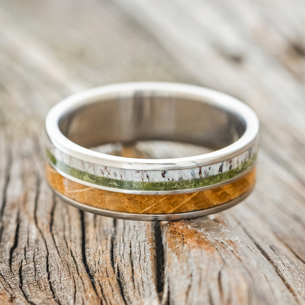 "DYAD" - MOSS, ANTLER & WHISKEY BARREL OAK WEDDING BAND-3