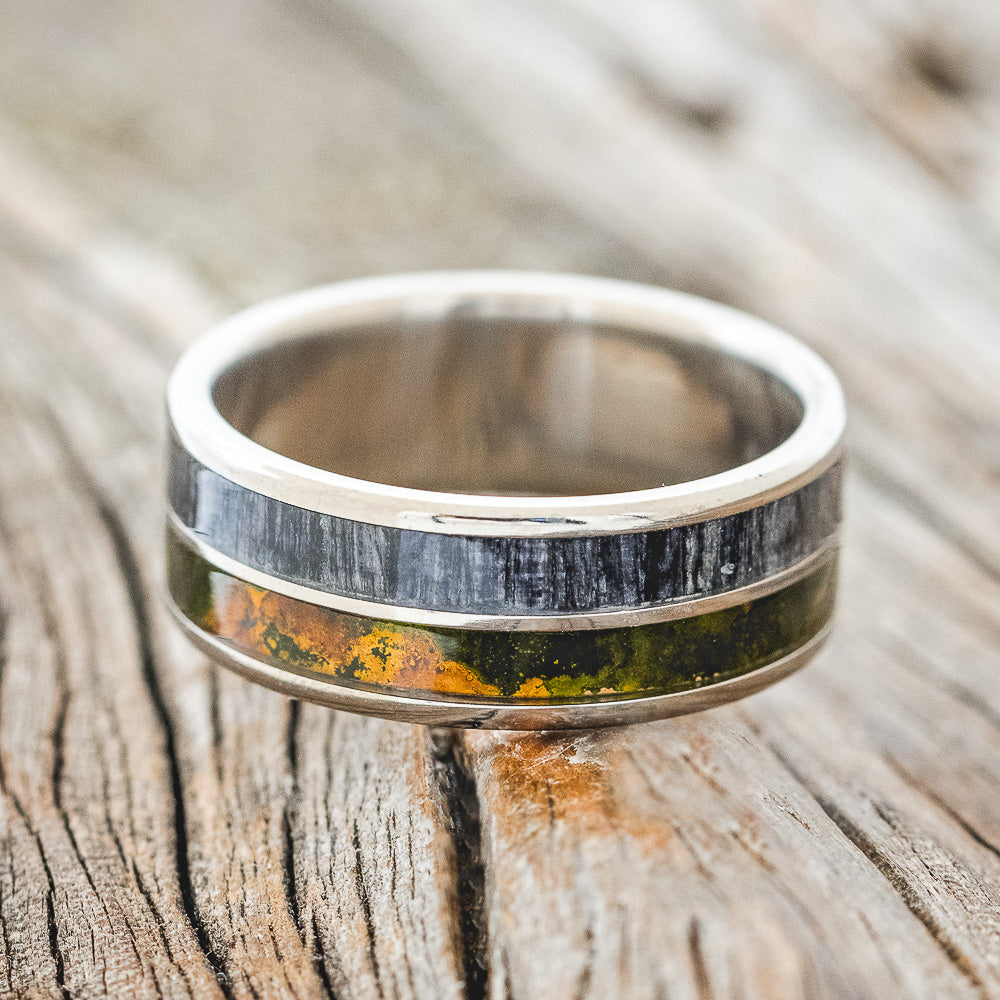 "DYAD" - MOSSY PATINA COPPER & GREY BIRCH WOOD WEDDING BAND-3