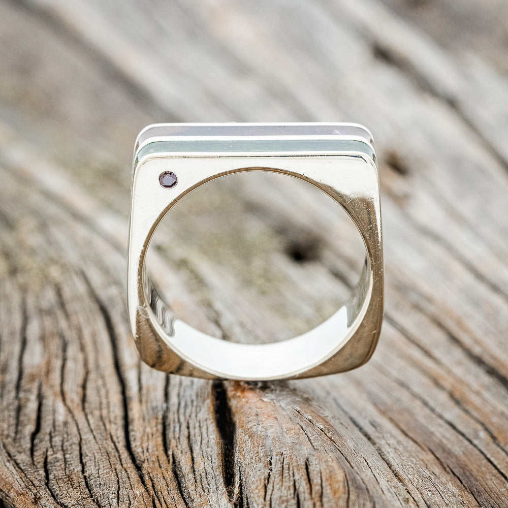 "VEGA" - FLAT TOP MOSS & IRONWOOD WEDDING BAND WITH SIDE SET RUBIES-4