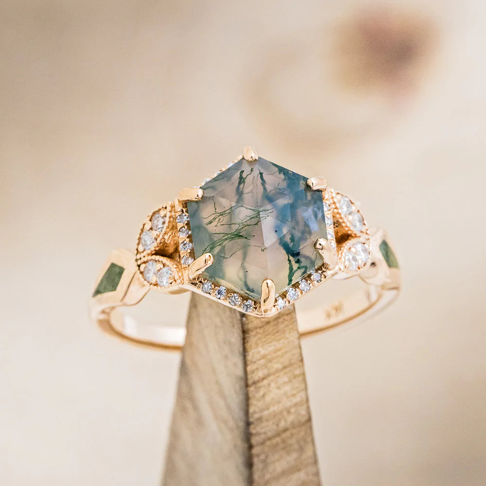"LUCY IN THE SKY" - HEXAGON MOSS AGATE ENGAGEMENT RING WITH DIAMOND HALO, MOSS INLAYS & DIAMOND RING GUARD-43