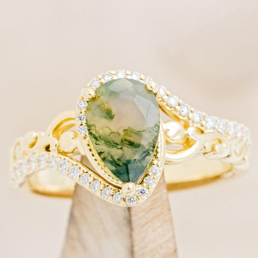 "SCARLET" - PEAR-SHAPED MOSS AGATE ENGAGEMENT RING WITH DIAMOND ACCENTS-7