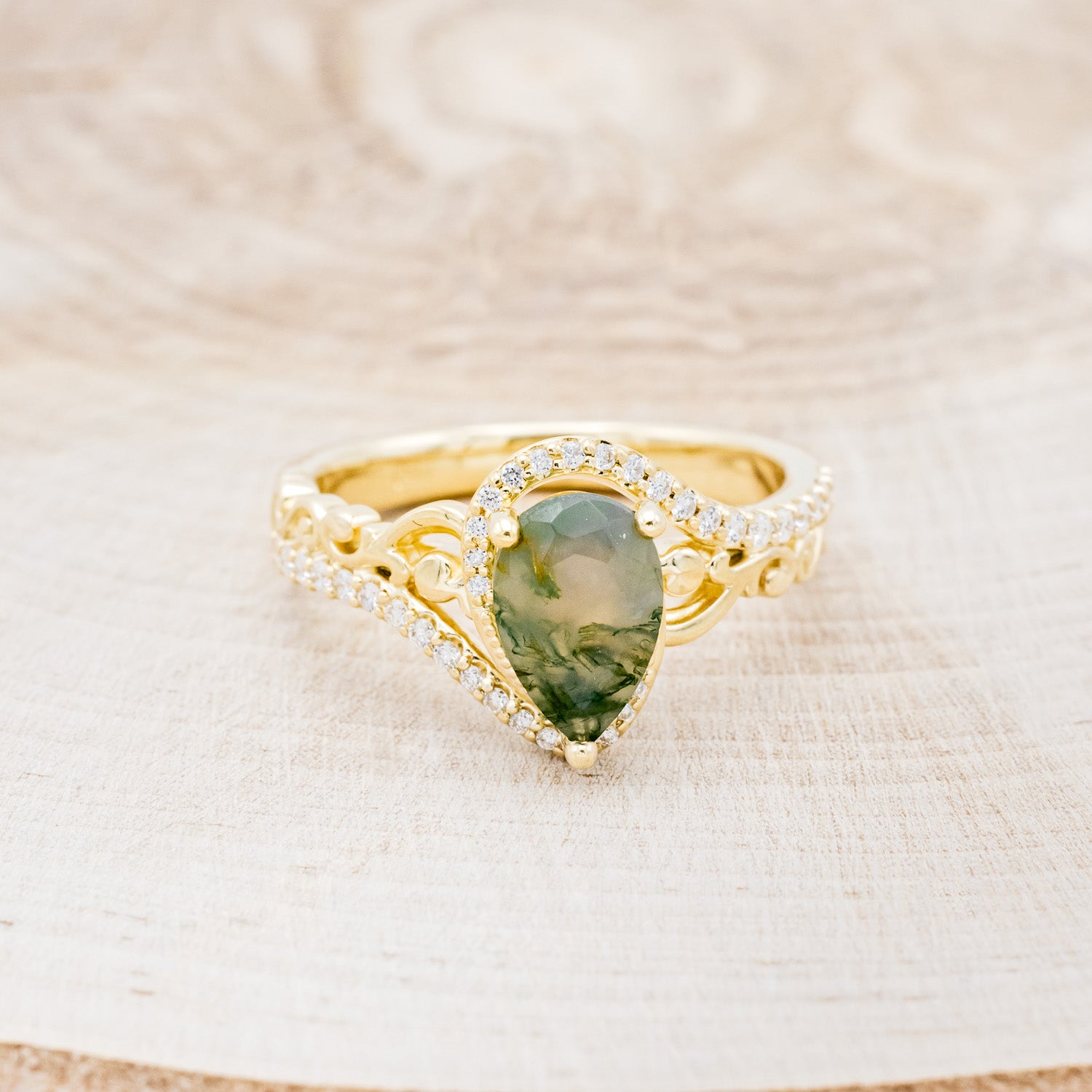 "SCARLET" - PEAR-SHAPED MOSS AGATE ENGAGEMENT RING WITH DIAMOND ACCENTS-10