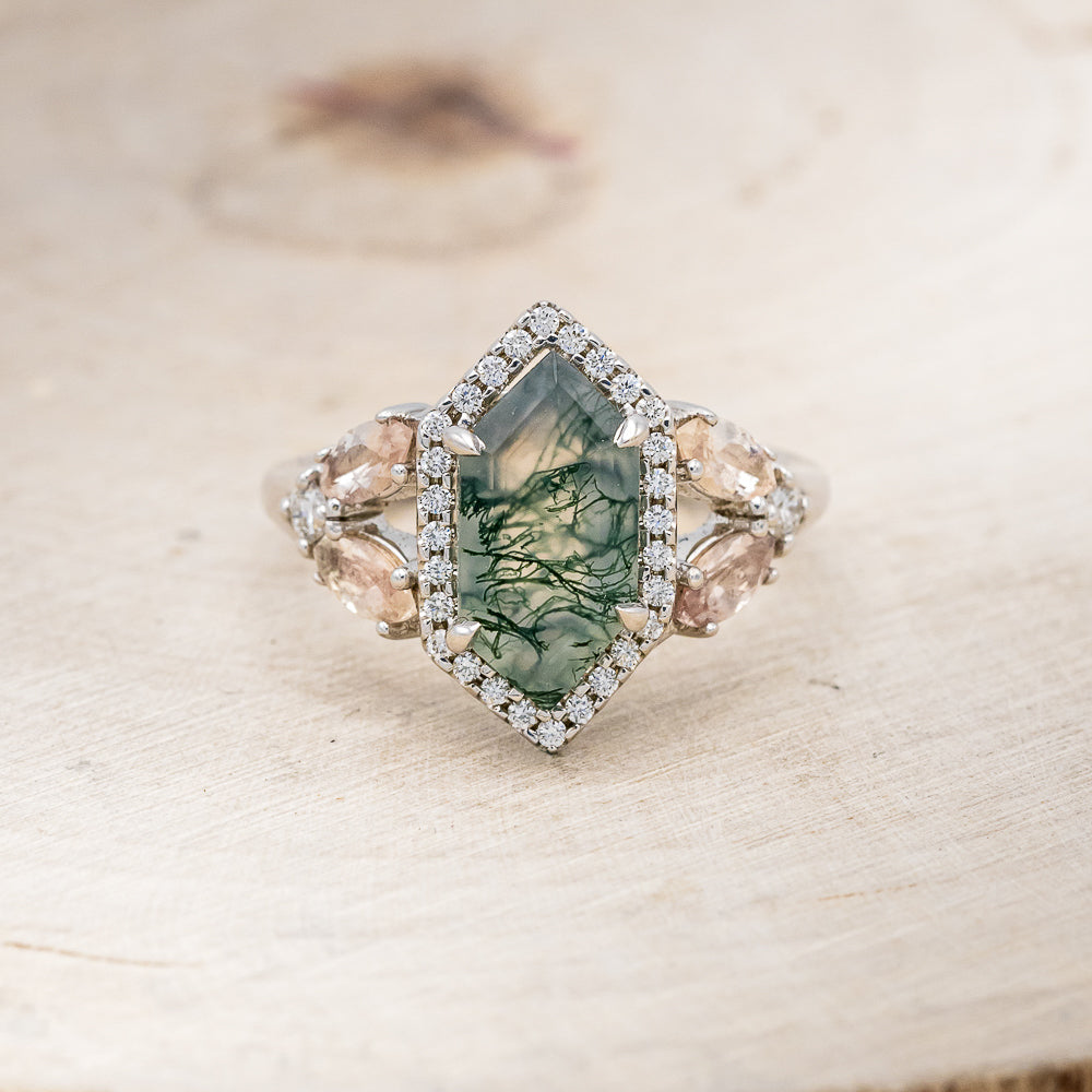 "ZIA" - BRIDAL SUITE - ELONGATED HEXAGON MOSS AGATE ENGAGEMENT RING WITH OREGON SUNSTONE ACCENTS & DIAMOND TRACERS-10