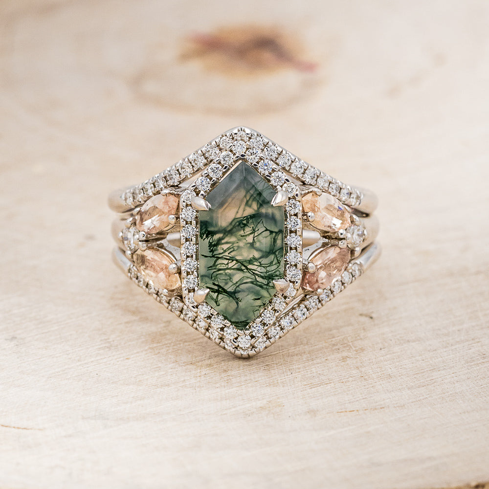 "ZIA" - BRIDAL SUITE - ELONGATED HEXAGON MOSS AGATE ENGAGEMENT RING WITH OREGON SUNSTONE ACCENTS & DIAMOND TRACERS-4