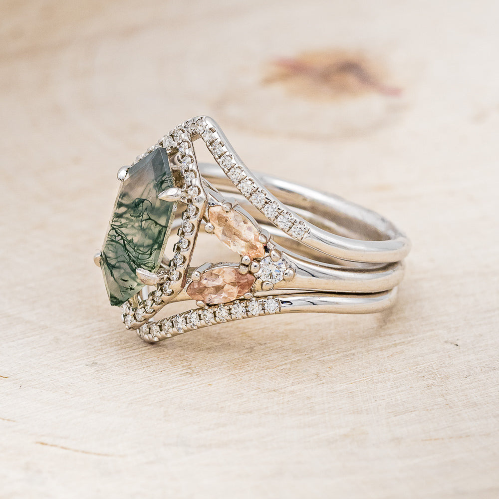 "ZIA" - BRIDAL SUITE - ELONGATED HEXAGON MOSS AGATE ENGAGEMENT RING WITH OREGON SUNSTONE ACCENTS & DIAMOND TRACERS-3