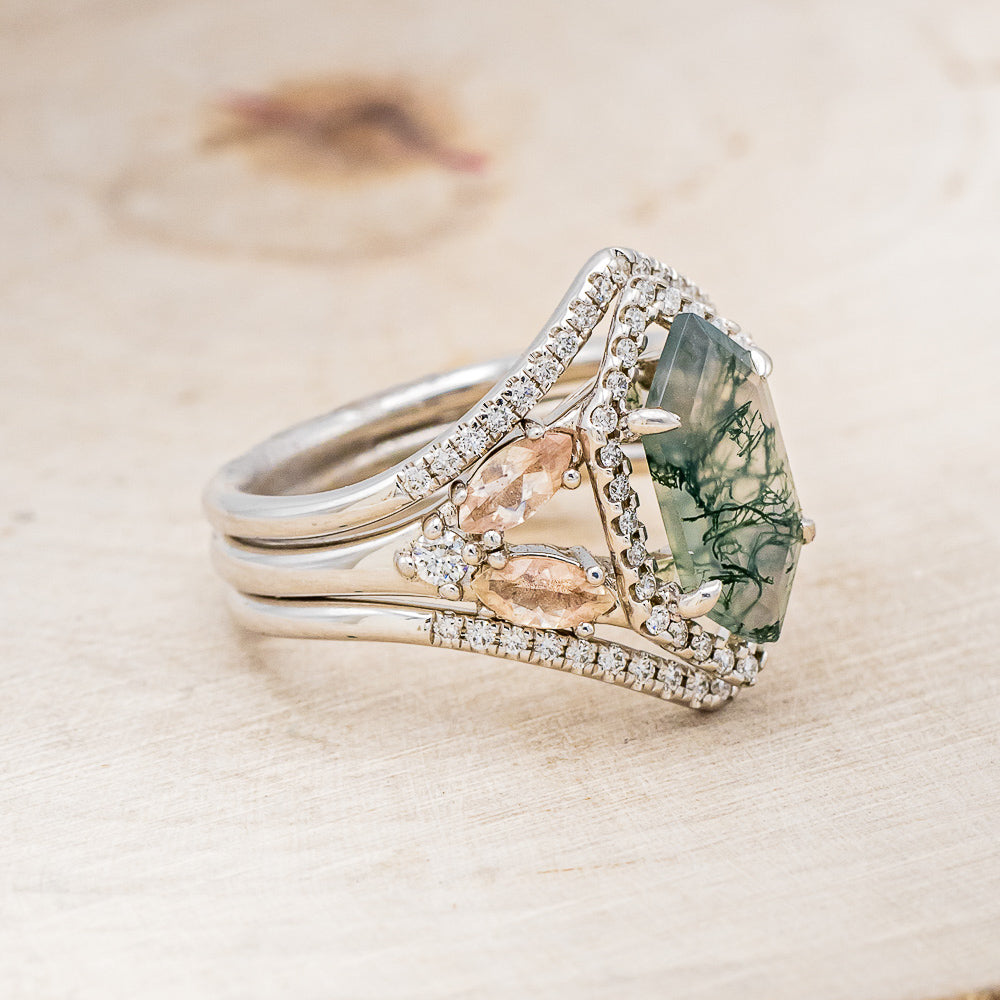 "ZIA" - BRIDAL SUITE - ELONGATED HEXAGON MOSS AGATE ENGAGEMENT RING WITH OREGON SUNSTONE ACCENTS & DIAMOND TRACERS-2