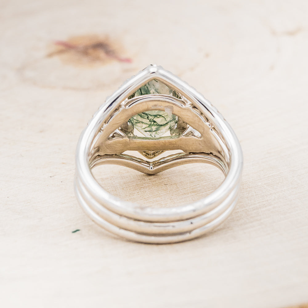 "ZIA" - BRIDAL SUITE - ELONGATED HEXAGON MOSS AGATE ENGAGEMENT RING WITH OREGON SUNSTONE ACCENTS & DIAMOND TRACERS-5