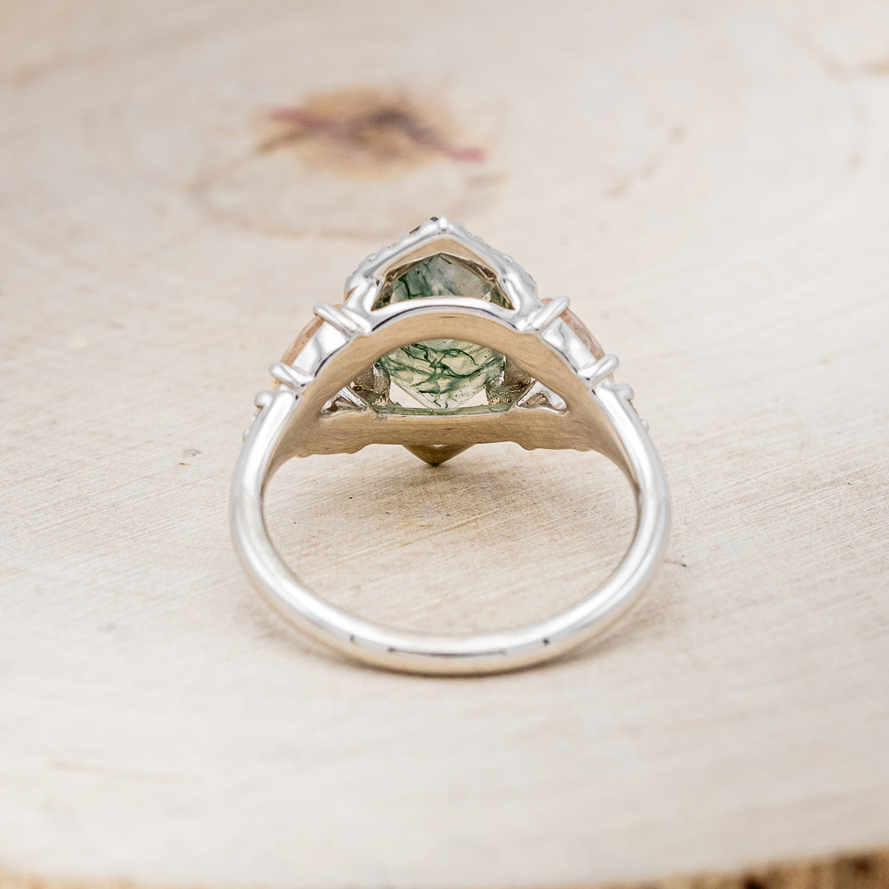 "ZIA" - BRIDAL SUITE - ELONGATED HEXAGON MOSS AGATE ENGAGEMENT RING WITH OREGON SUNSTONE ACCENTS & DIAMOND TRACERS-12