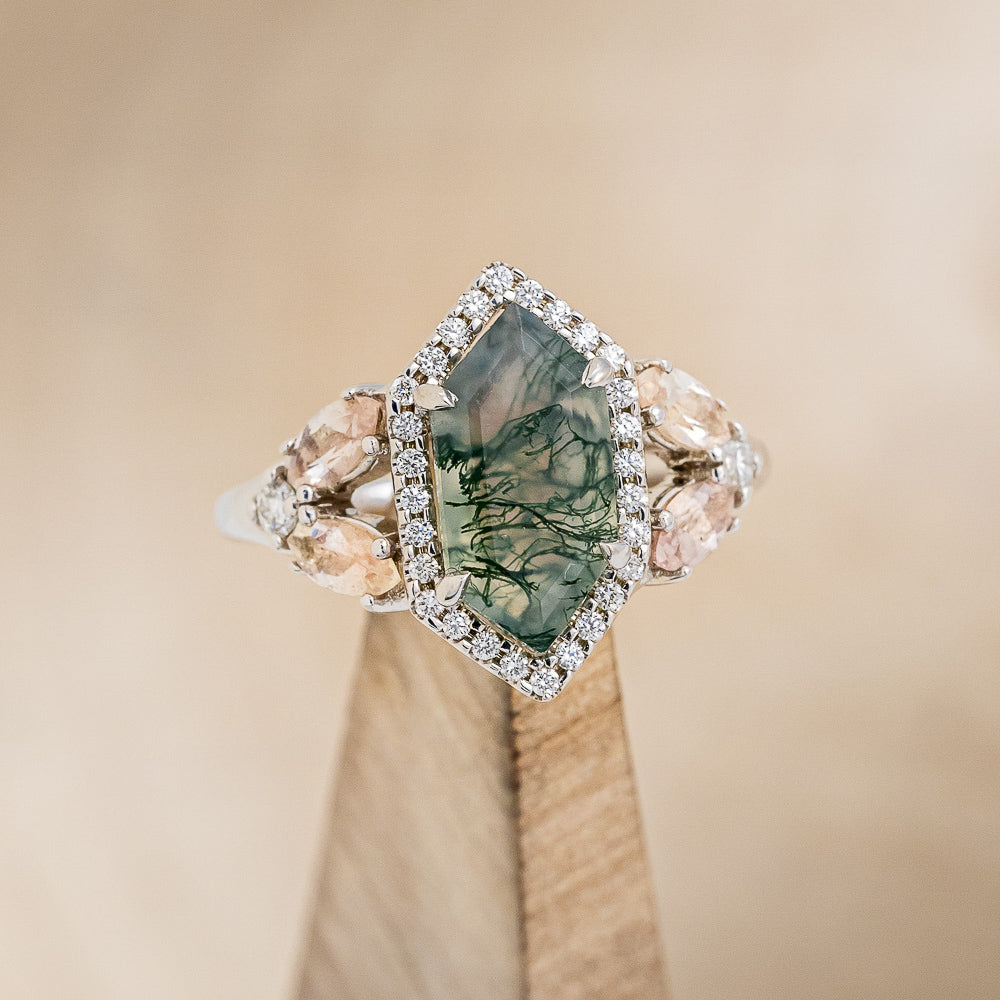 "ZIA" - BRIDAL SUITE - ELONGATED HEXAGON MOSS AGATE ENGAGEMENT RING WITH OREGON SUNSTONE ACCENTS & DIAMOND TRACERS-7