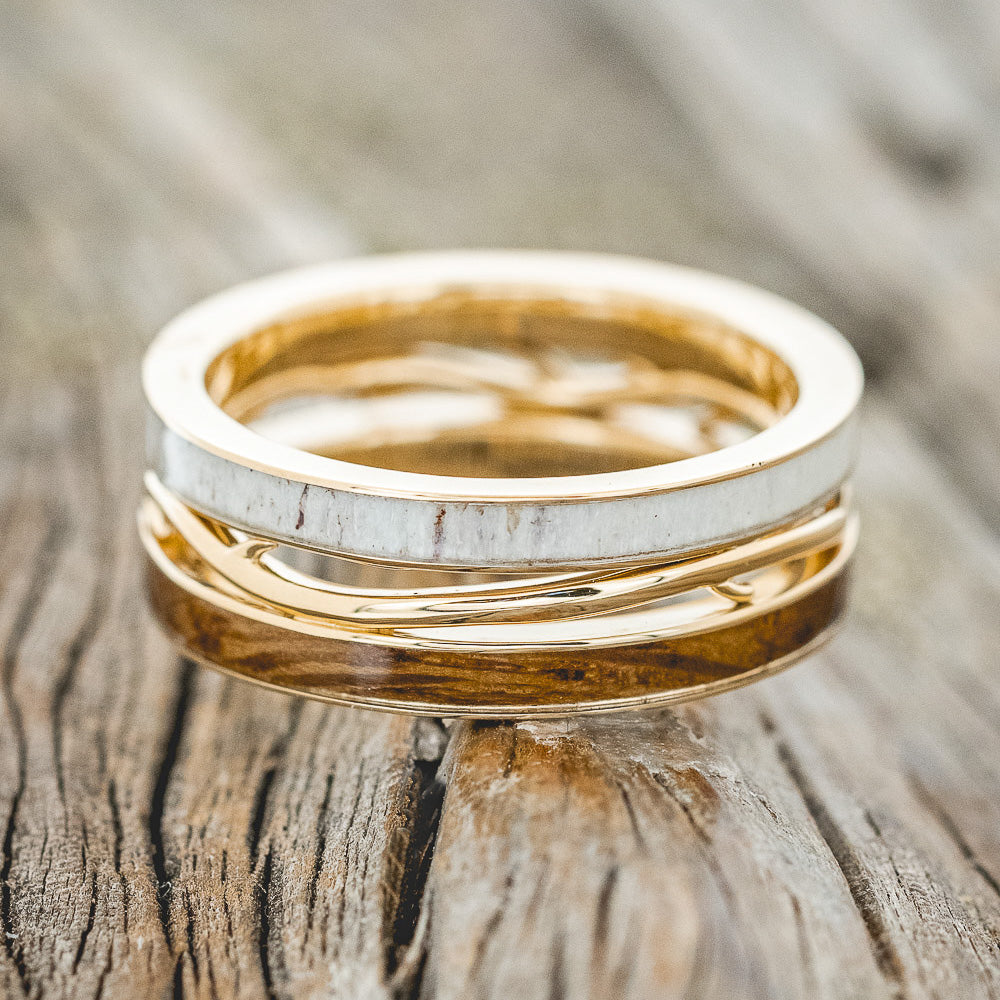 MEN'S "ARTEMIS" - WHISKEY BARREL OAK & ANTLER WEDDING RING FEATURING A 14K GOLD BAND-3