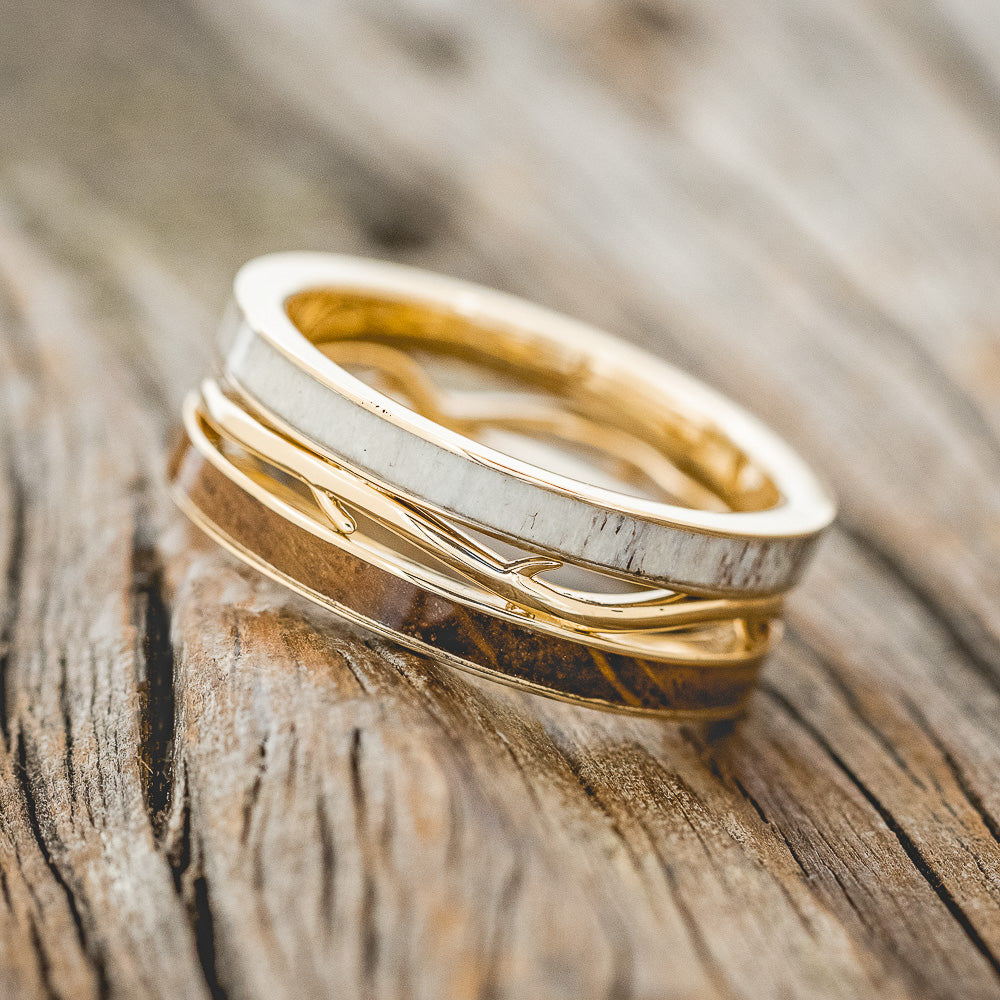 MEN'S "ARTEMIS" - WHISKEY BARREL OAK & ANTLER WEDDING RING FEATURING A 14K GOLD BAND-2