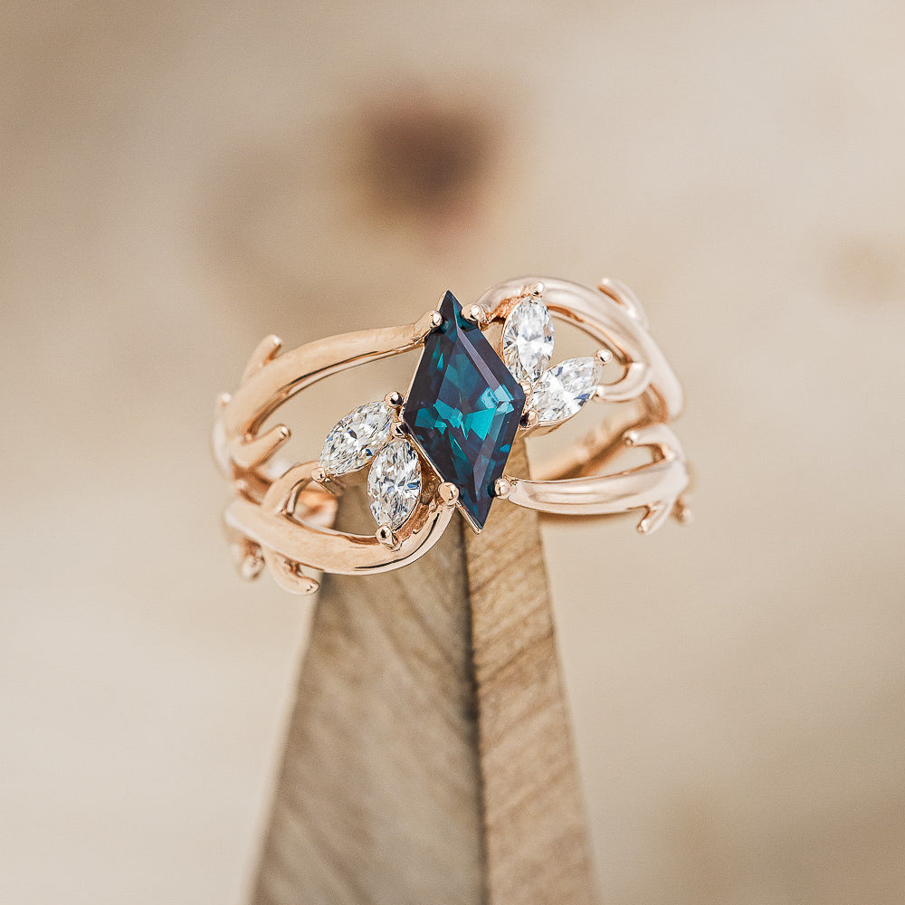 "ARTEMIS" - LOZENGE CUT LAB-GROWN ALEXANDRITE ENGAGEMENT RING WITH MARQUISE DIAMOND ACCENTS-7