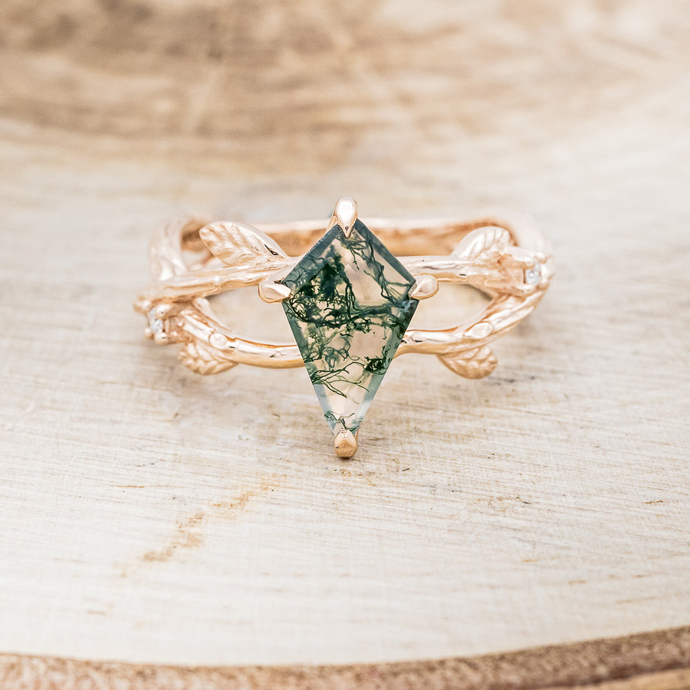 "ARTEMIS ON THE VINE" - KITE CUT MOSS AGATE ENGAGEMENT RING WITH DIAMOND ACCENTS - EXPEDITED-4