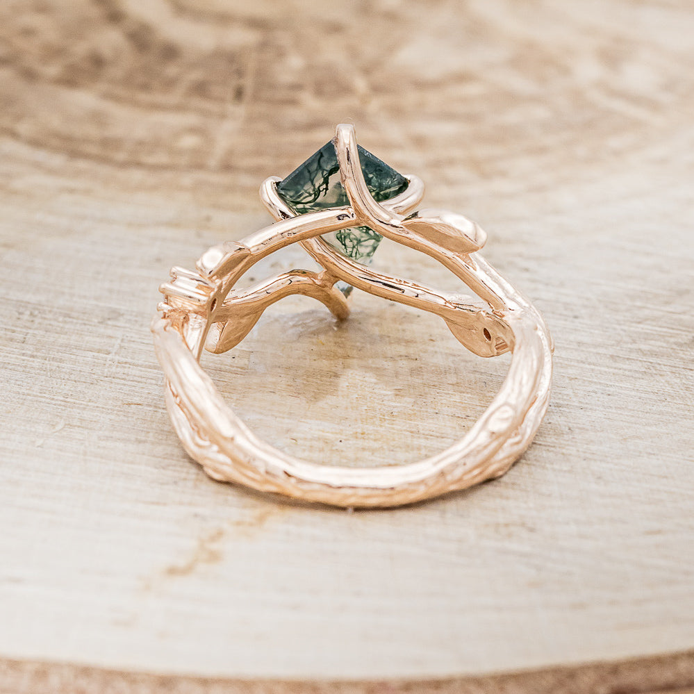 "ARTEMIS ON THE VINE" - KITE CUT MOSS AGATE ENGAGEMENT RING WITH DIAMOND ACCENTS - EXPEDITED-5