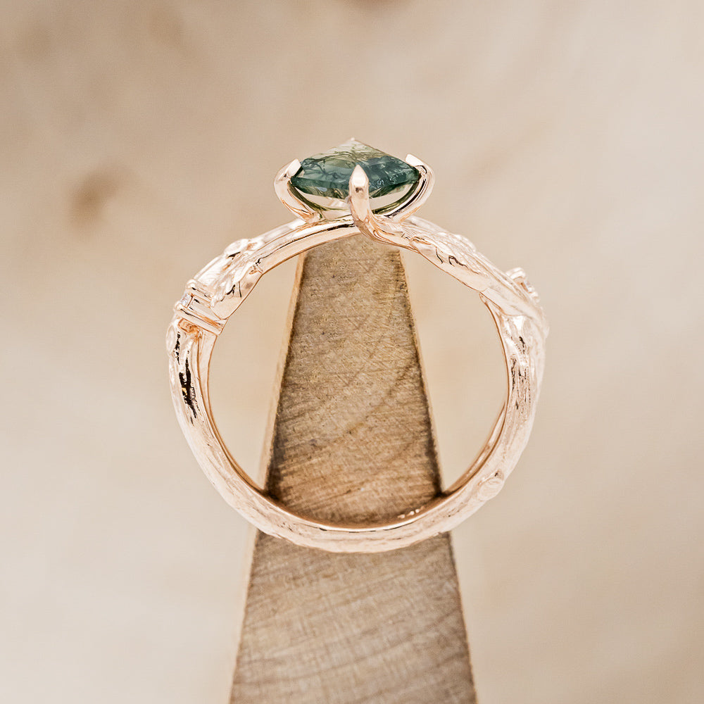 "ARTEMIS ON THE VINE" - KITE CUT MOSS AGATE ENGAGEMENT RING WITH DIAMOND ACCENTS - EXPEDITED-6