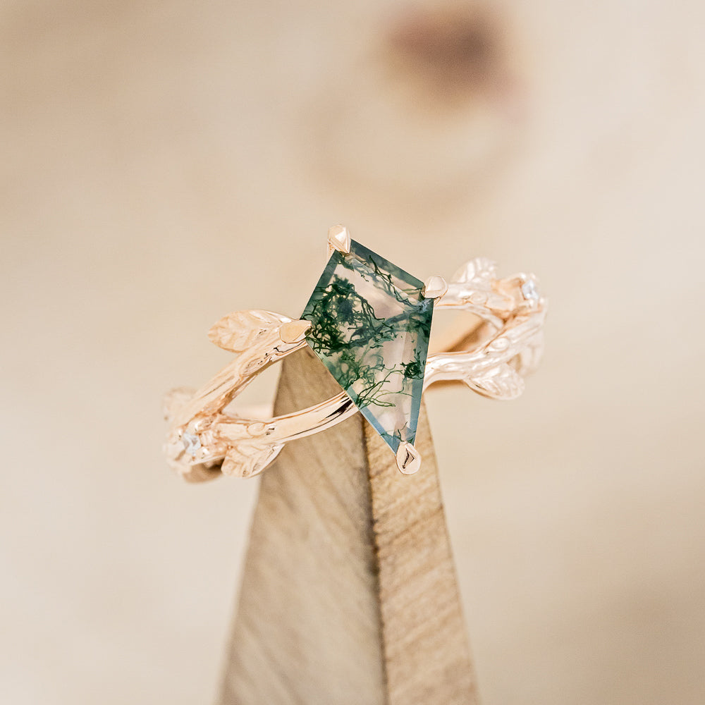 "ARTEMIS ON THE VINE" - KITE CUT MOSS AGATE ENGAGEMENT RING WITH DIAMOND ACCENTS & "BRIAR" BRANCH-STYLE TRACER-7