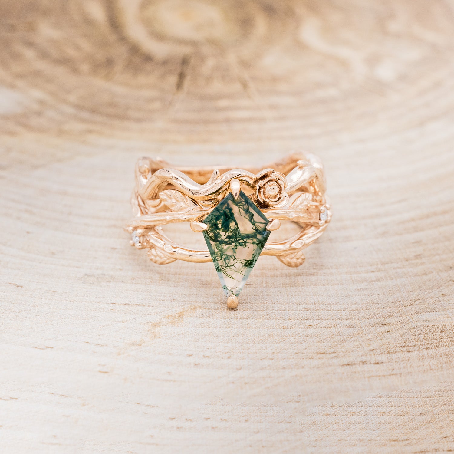 "ARTEMIS ON THE VINE" - KITE CUT MOSS AGATE ENGAGEMENT RING WITH DIAMOND ACCENTS & "BRIAR" BRANCH-STYLE TRACER-4
