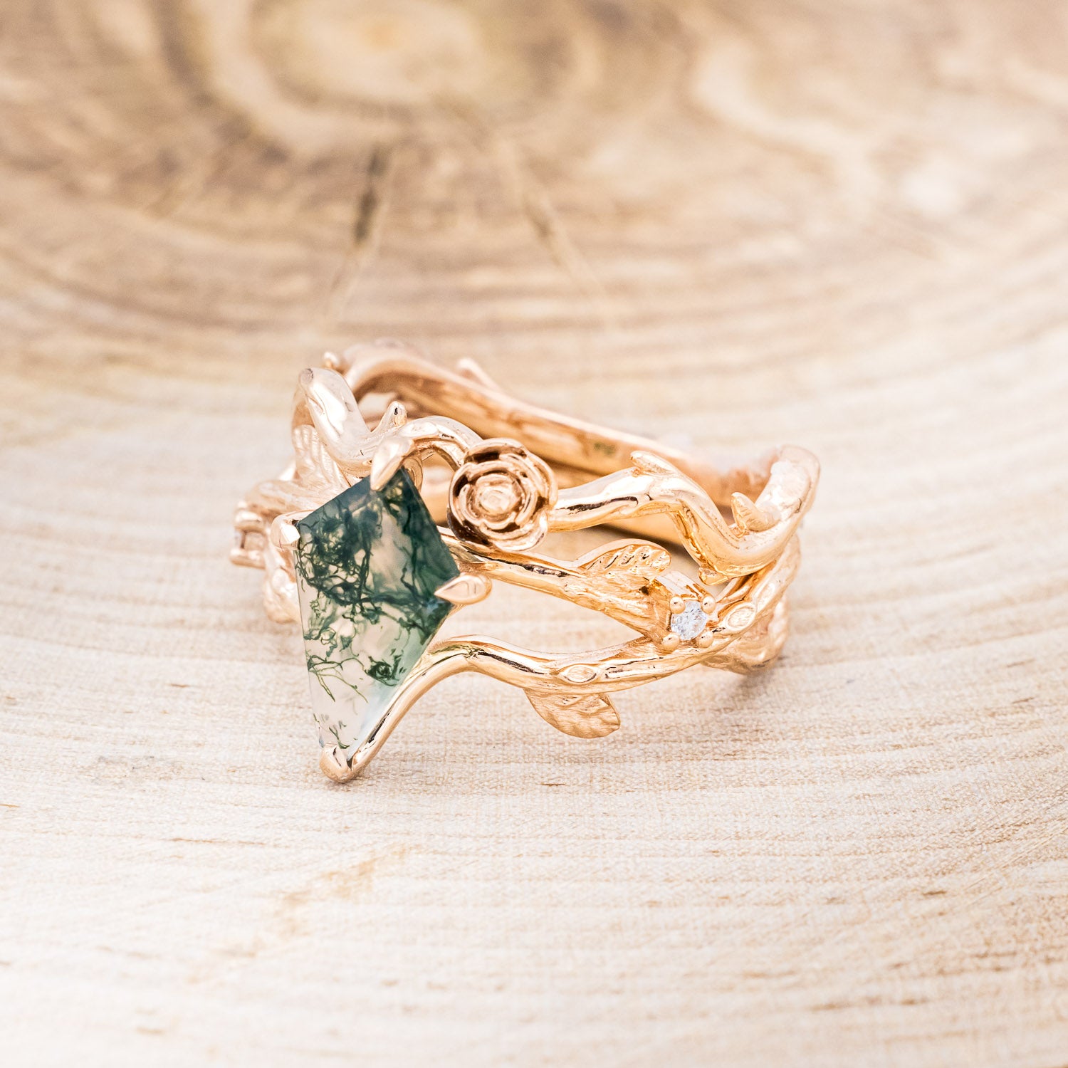 "ARTEMIS ON THE VINE" - KITE CUT MOSS AGATE ENGAGEMENT RING WITH DIAMOND ACCENTS & "BRIAR" BRANCH-STYLE TRACER-3