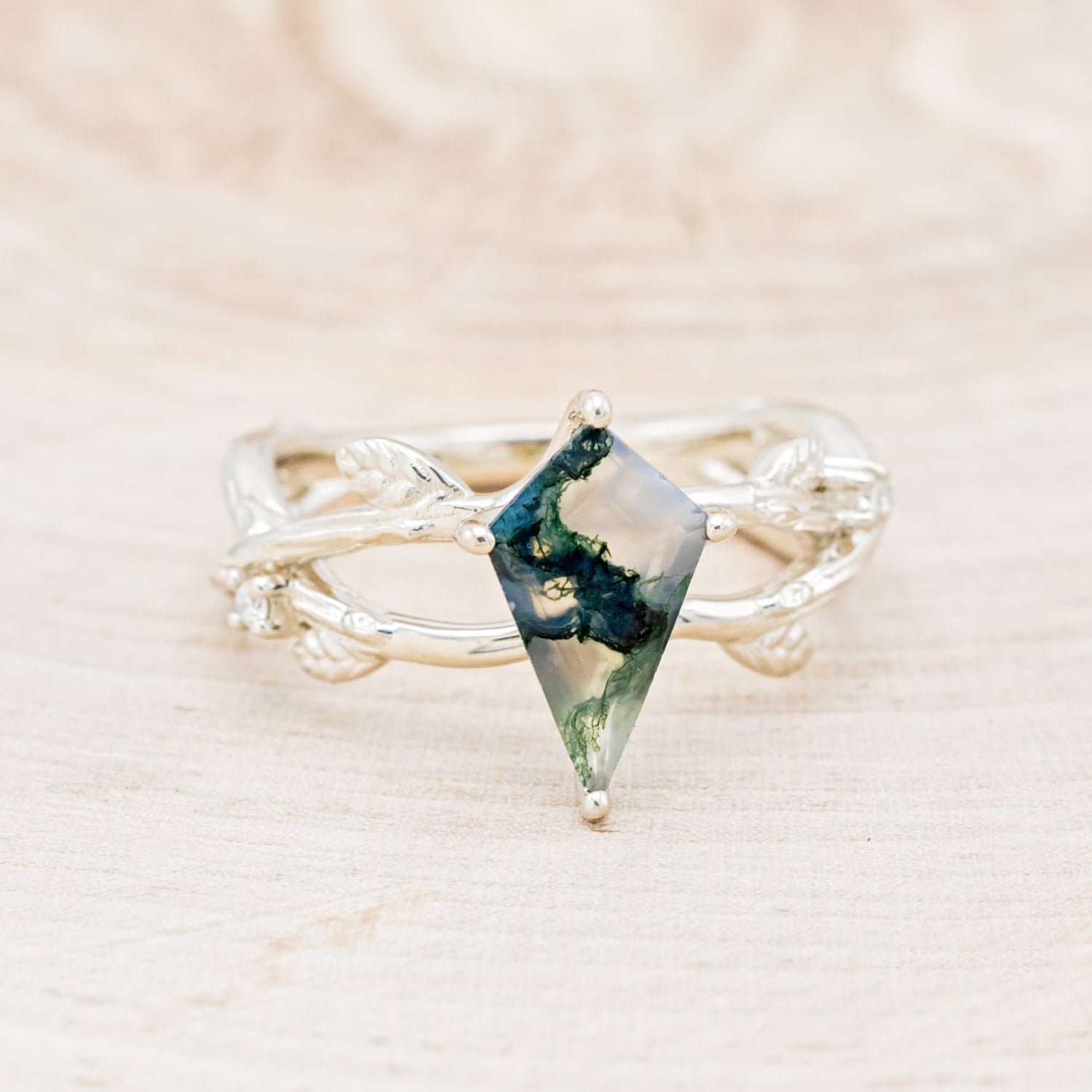 "ARTEMIS ON THE VINE" - KITE CUT MOSS AGATE ENGAGEMENT RING WITH DIAMOND ACCENTS - EXPEDITED-10