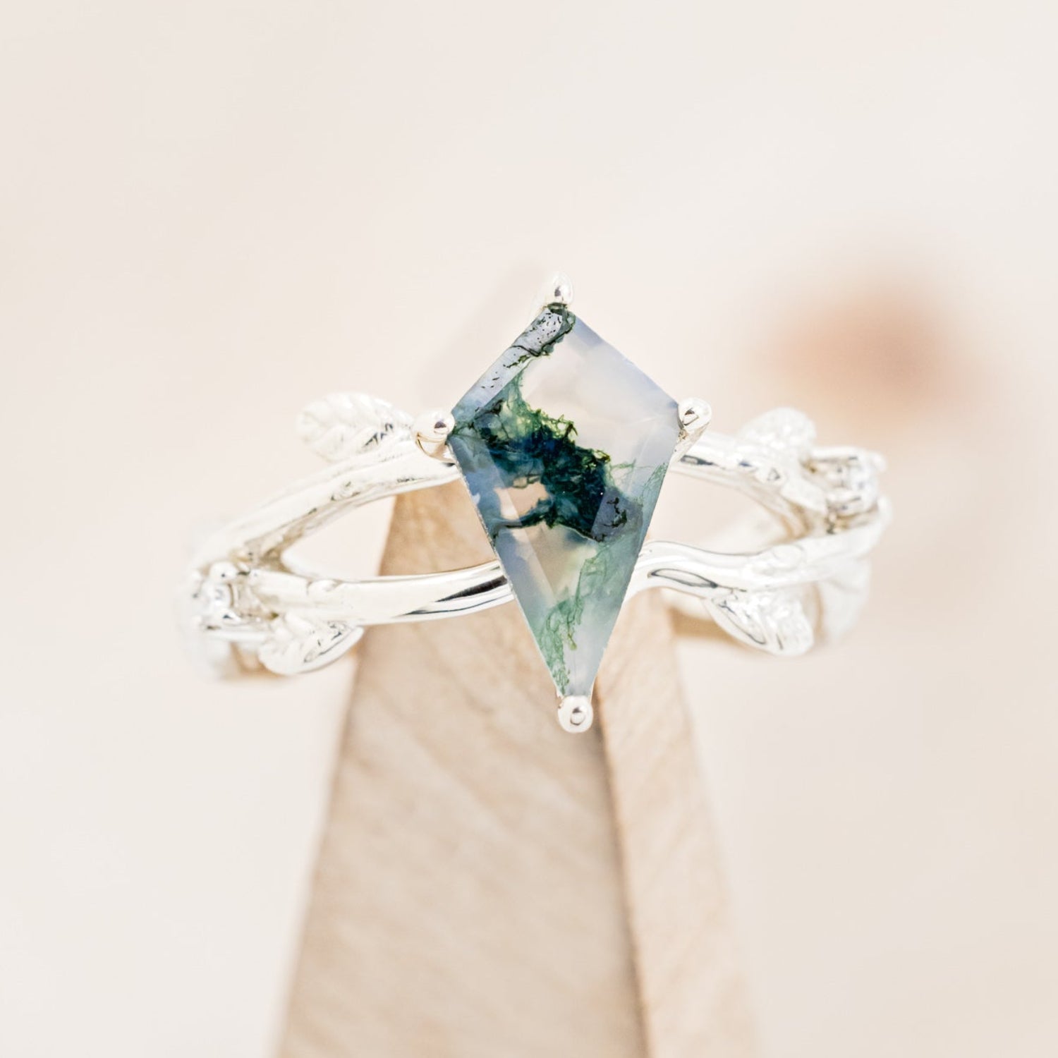 "ARTEMIS ON THE VINE" - KITE CUT MOSS AGATE ENGAGEMENT RING WITH DIAMOND ACCENTS - EXPEDITED-7