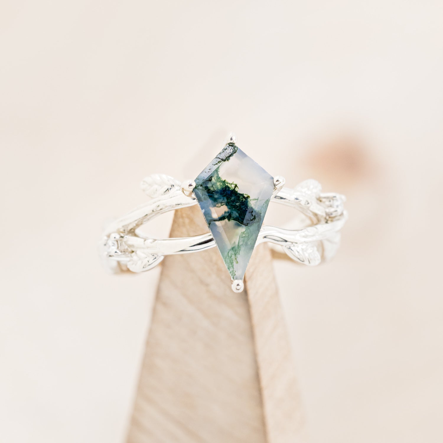 "ARTEMIS ON THE VINE" - KITE CUT MOSS AGATE ENGAGEMENT RING WITH DIAMOND ACCENTS - EXPEDITED-7