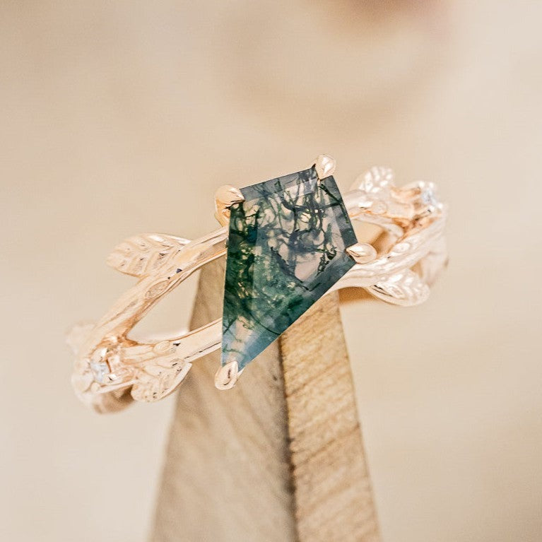 "ARTEMIS ON THE VINE" - DIAGONAL KITE CUT MOSS AGATE ENGAGEMENT RING WITH DIAMOND ACCENTS & A BRANCH-STYLE BAND-1